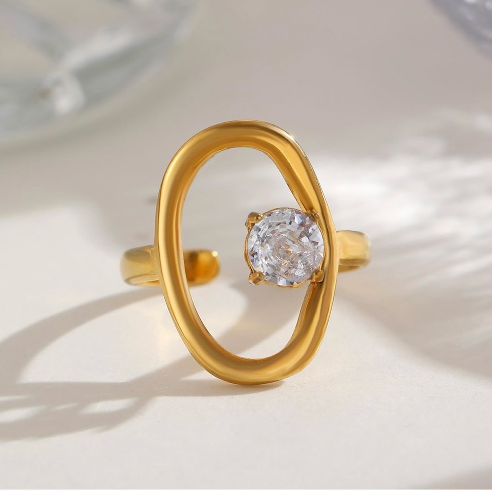 Asymmetrical Gold Tone Oval Statement Ring with Crystal Accent – Adjustable